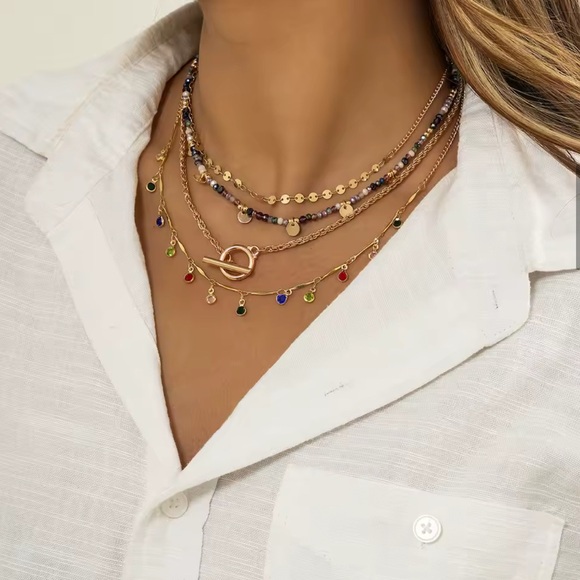 Layered Beaded & Chain Charm Necklace Set – 4-in-1 Gold-Tone Statement Look - Picture 2 of 6